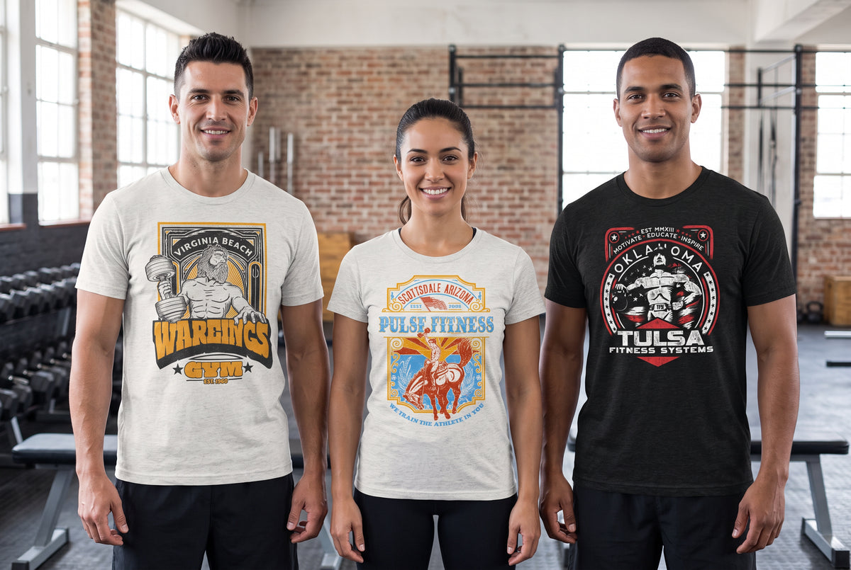 Apparel mockup of the three-shirt retired Vault set: Wareings, Pulse Fitness and Tulsa Fitness Systems